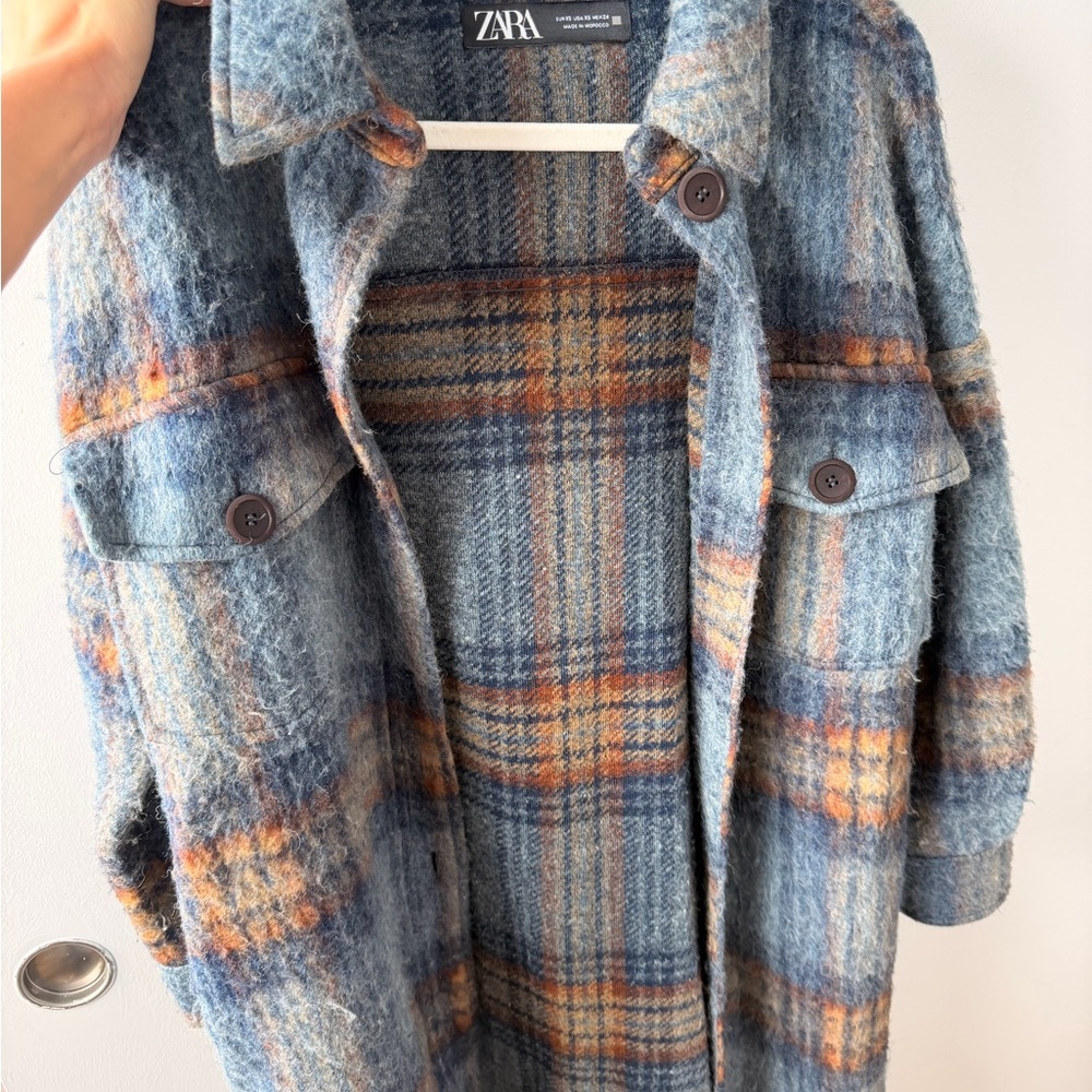 Zara Women's Blue and Orange Checkered Teddy Jacket